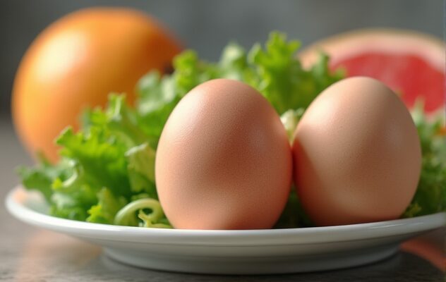 2 варених яйця, листовий салат або селера, грейпфрут