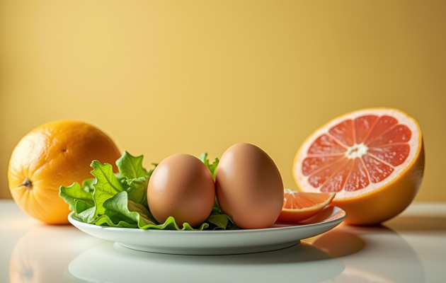 2 варених яйця, листовий салат або селера, грейпфрут