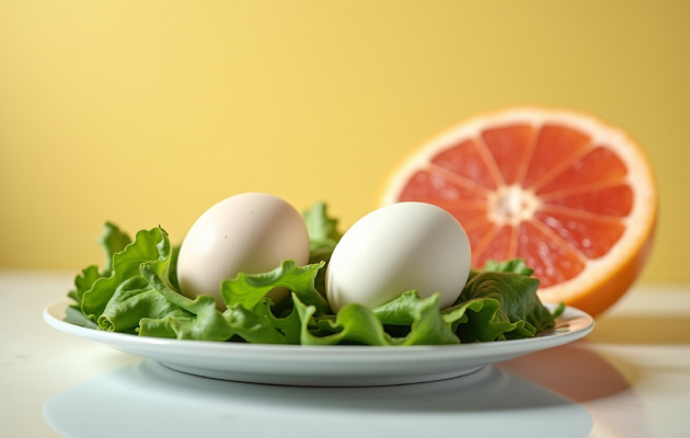 2 варених яйця, листовий салат або селера, грейпфрут