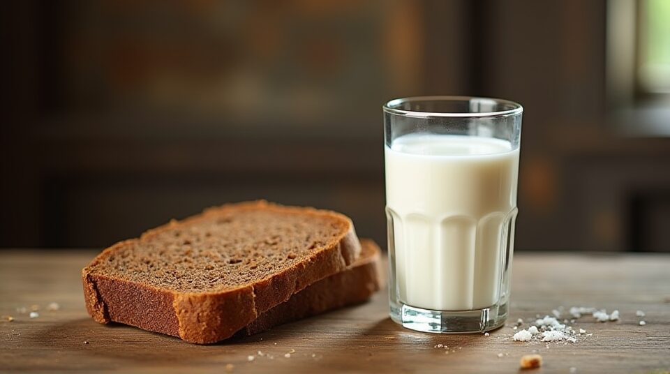 Склянка молока та шматок чорного хліба