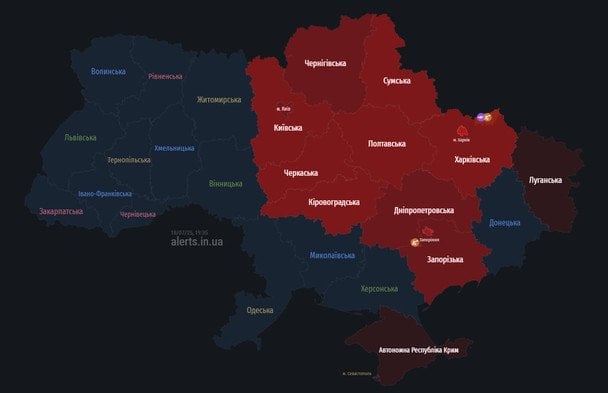 18 липня 19:40 карта повітряної тривоги / © alerts.in.ua