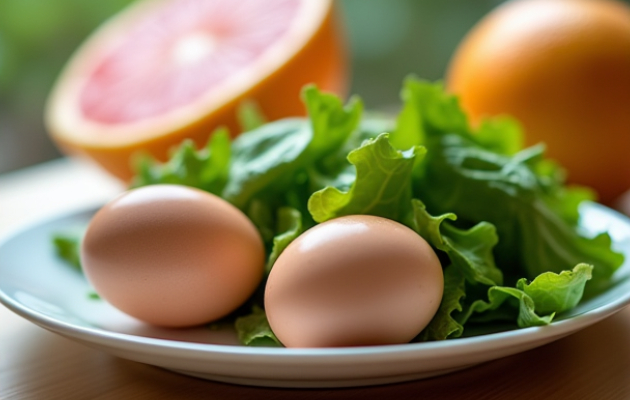 2 варених яйця, листовий салат або селера, грейпфрут