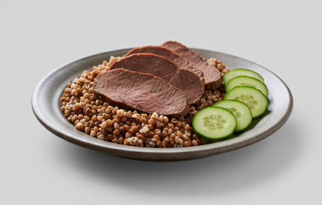 Варена яловичина з гречкою та огірком